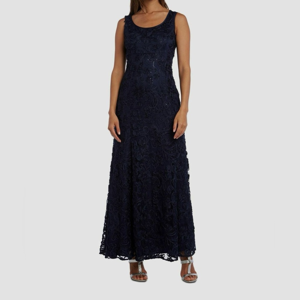 R&M Richards Navy Blue Floral Lace Evening Gown Size 6 Formal Dress
